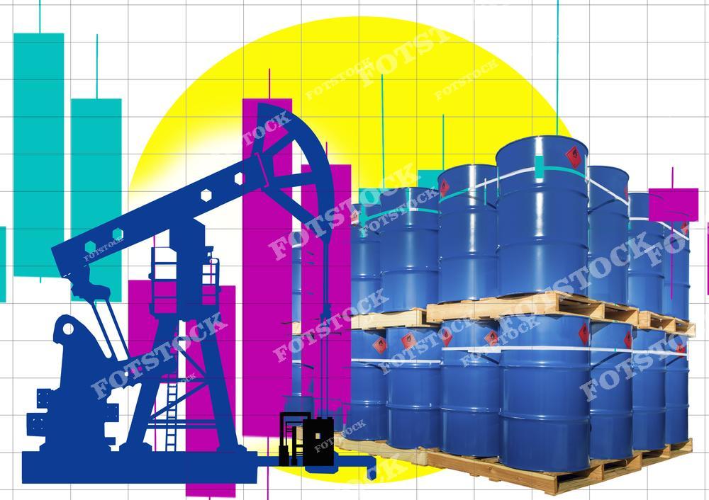 На изображении представлены бочки с нефтью, сложенные на поддонах, рядом с силуэтом нефтяной качалки. На заднем фоне яркие биржевые графики, символизирующие колебания цен на рынке нефти. Эти элементы отражают динамику нефтяного рынка, где производство, хранение и изменение цен тесно связаны. Изображение подчеркивает важность нефти в глобальной экономике и её влияние на мировые рынки.
